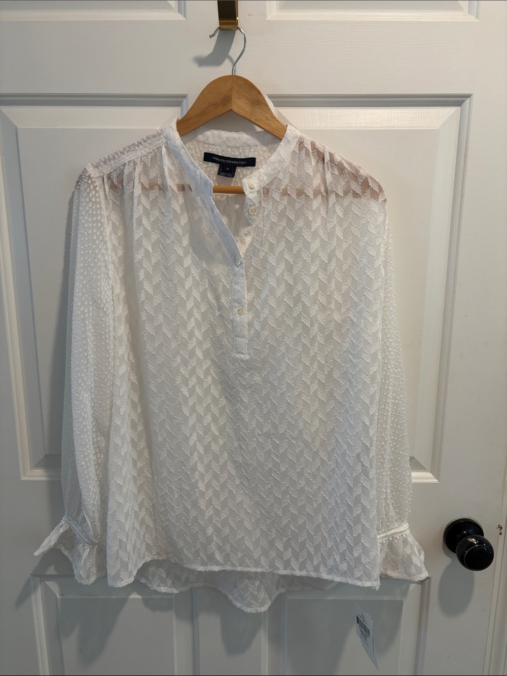 French Connection Cream Sheer Textured Long-Sleeve Blouse